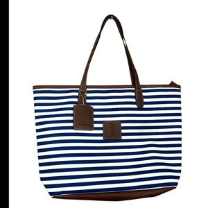 Barrington Blue White Stripes Leather Trims Large Tote Golf Nautical Casual Tote